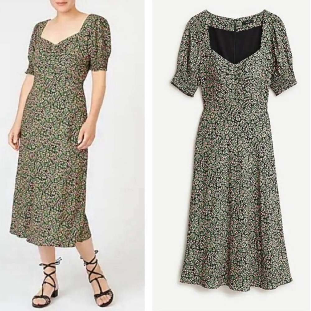 J. Crew Smocked-Sleeve Midi Dress in Ditsy Floral green and pink